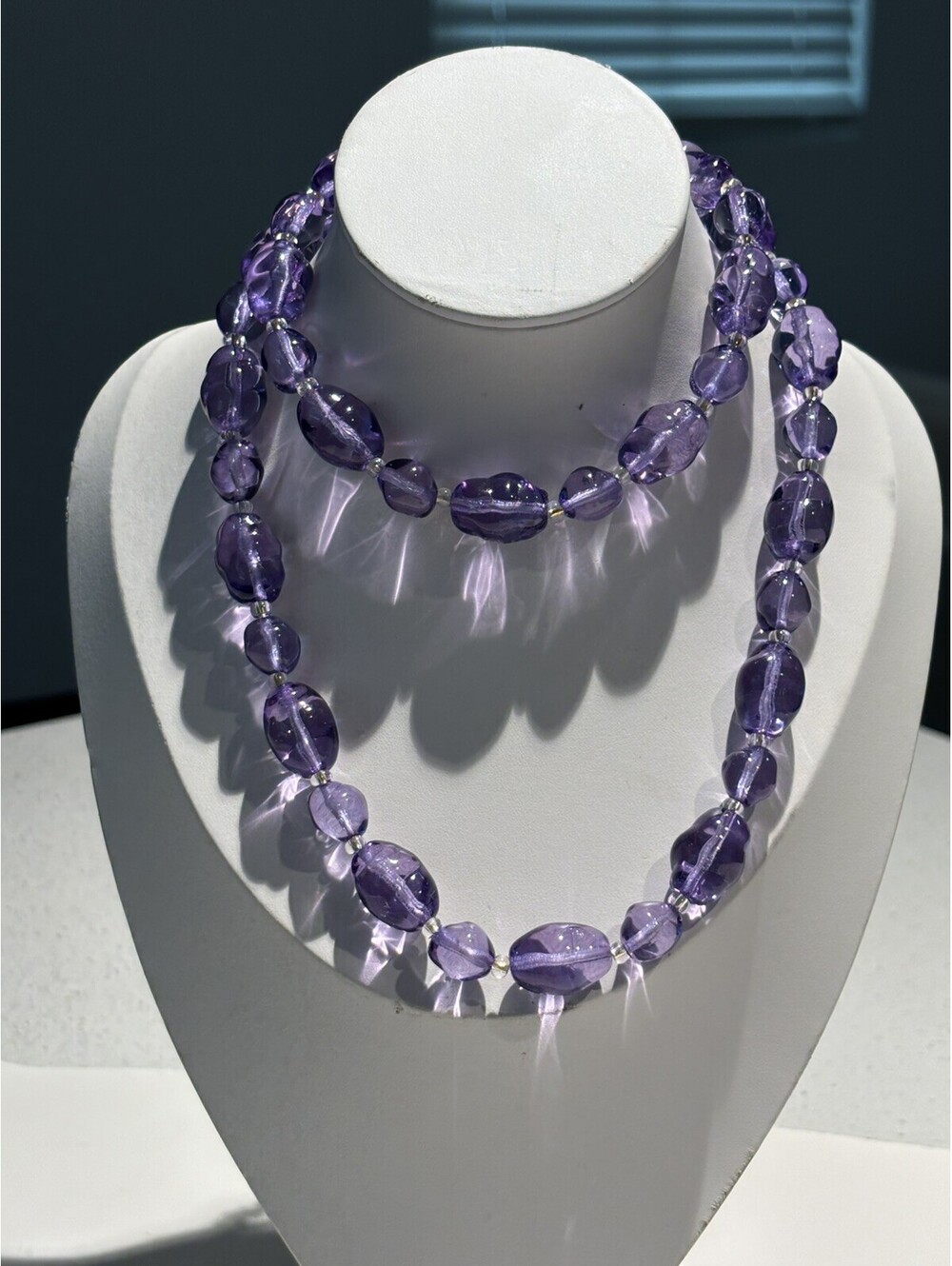 Signed Joan Rivers Lavender Purple Glass Bead Necklace Gold Tone 33”